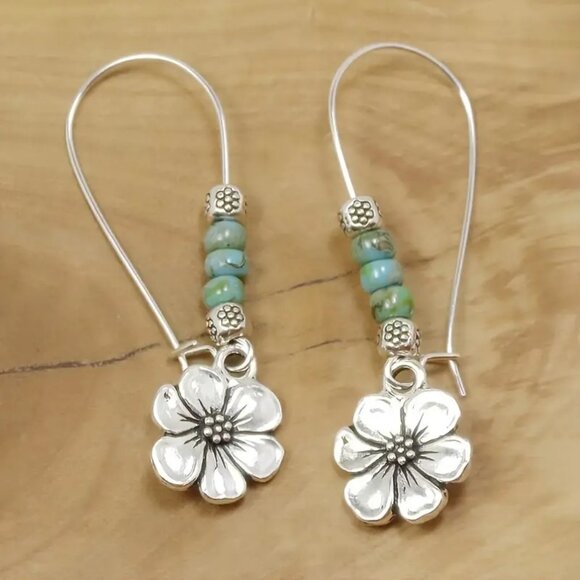 #39 Boho Vintage Flower Drop Earrings, Alloy Turquoise Bead Dangle - Picture 1 of 1
